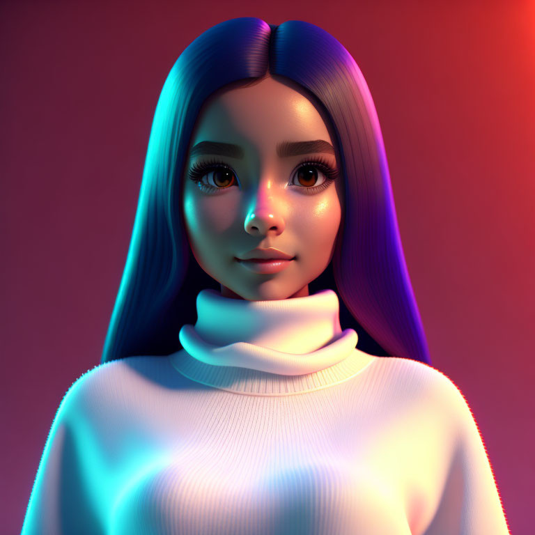 Female character with blue hair in white turtleneck on pink and blue gradient background