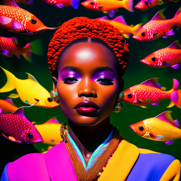 Red Braided Hair Woman Surrounded by Orange Fish and Bold Purple Makeup