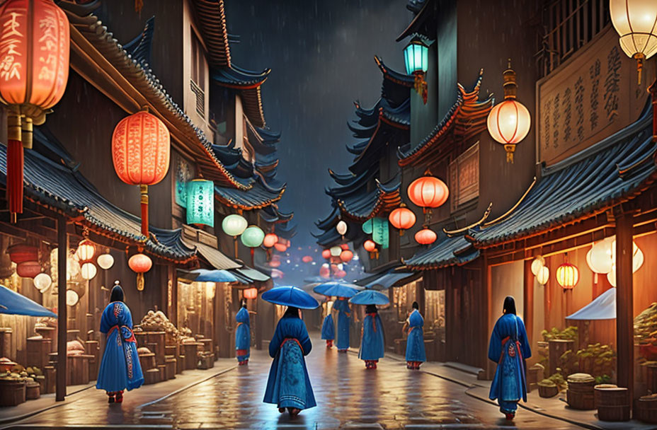 Traditional Chinese Street Scene with Figures in Blue Robes