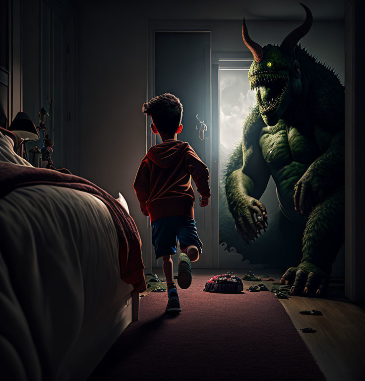 Child in pajamas meets friendly monster in dark bedroom with bright light.