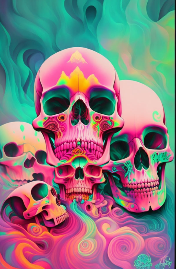 Colorful psychedelic skull art on swirling neon backdrop