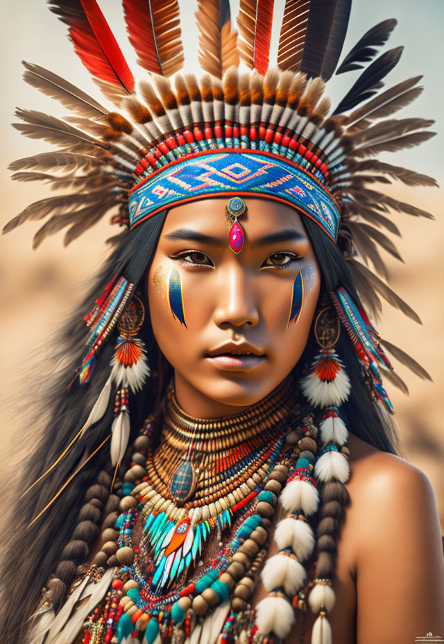 Elaborate Native American headdress with vibrant feathers and beadwork.