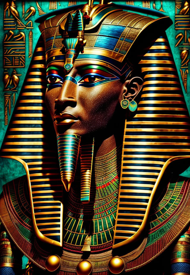 Colorful depiction of an ancient Egyptian Pharaoh with traditional headdress and jewelry