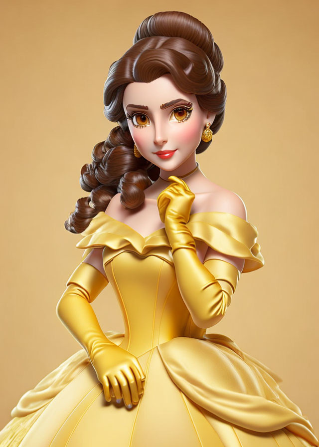 Animated princess with brown hair in updo, yellow ball gown