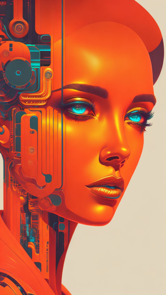 Futuristic digital artwork: Female face with mechanical components