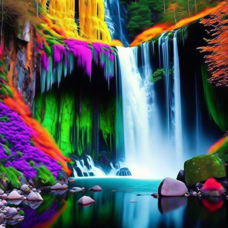 Colorful surreal waterfall with purple, yellow, and green hues cascading into serene pool amid rich flora