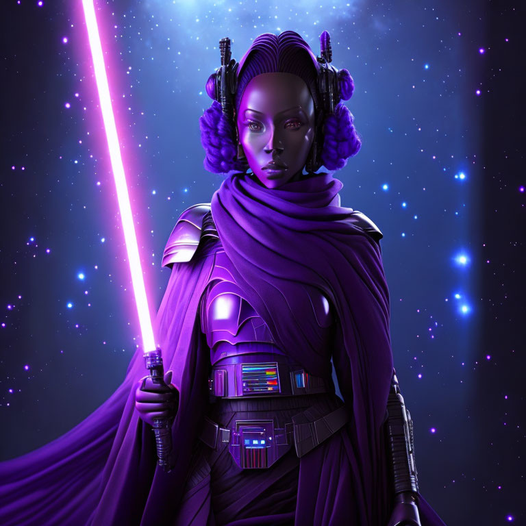 Futuristic female character with glowing lightsaber in space