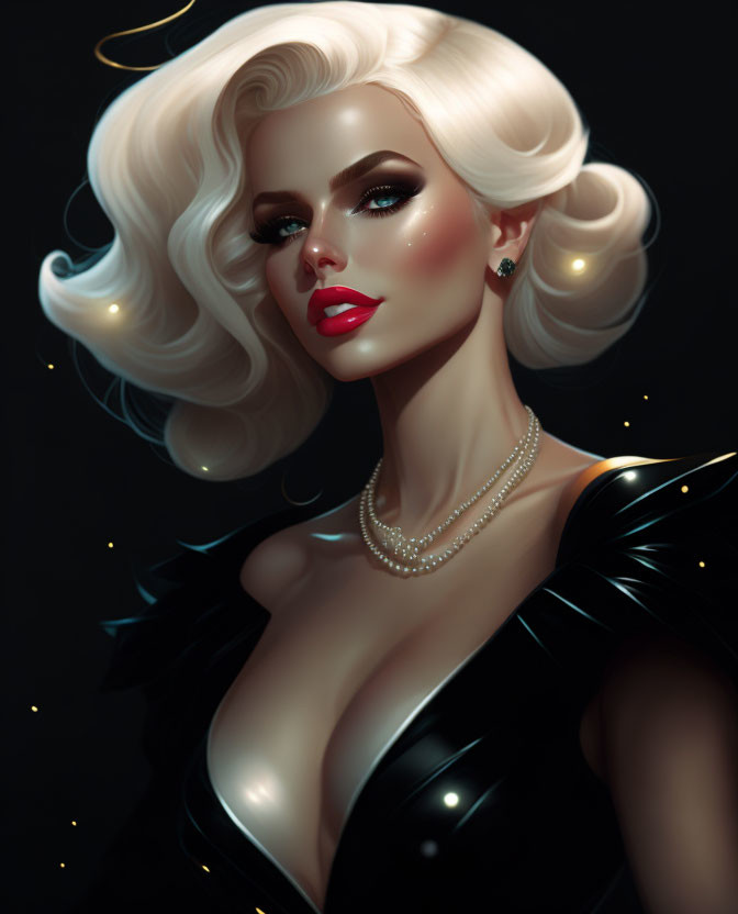 Glamorous woman with platinum blonde hair, bold makeup, black dress, and pearl necklace depicted in