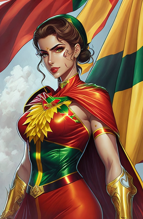 Illustrated Female Character in Multicolored Superhero Costume