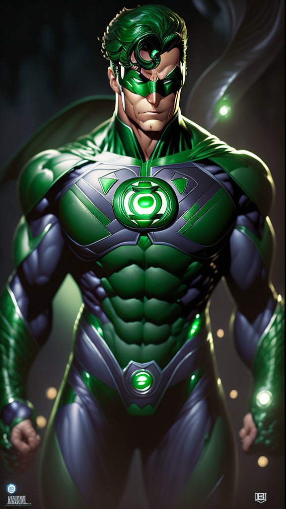 Superhero in Green and Black Suit with Power Ring Poses Confidently