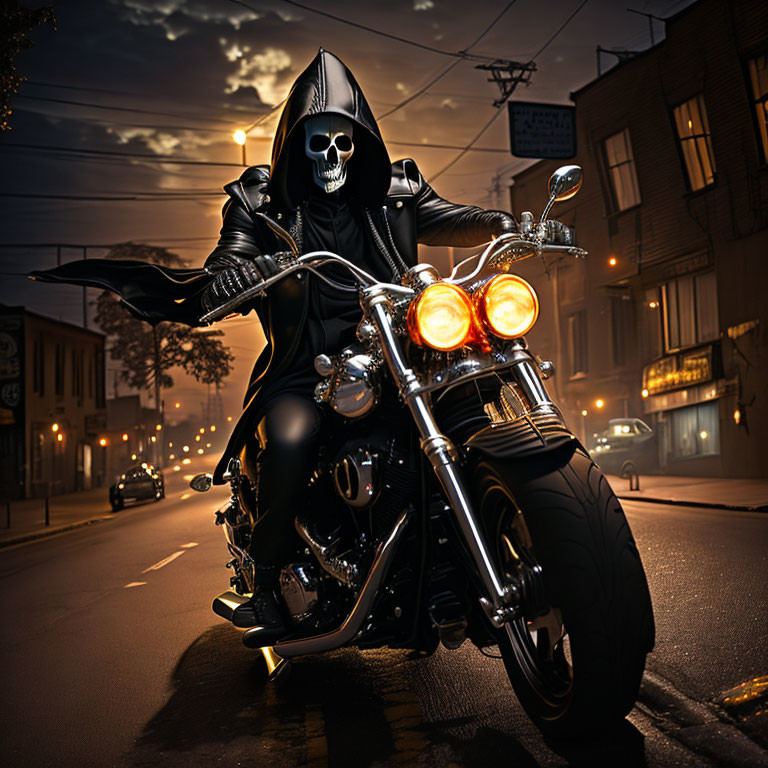 Person in Grim Reaper costume rides motorcycle on dimly lit street at dusk