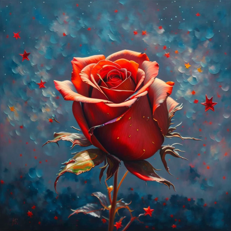 Vibrant red rose in full bloom on dreamy blue background with stars.