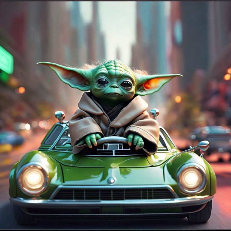 Whimsical digital art: Yoda-like character driving vintage green convertible in city.