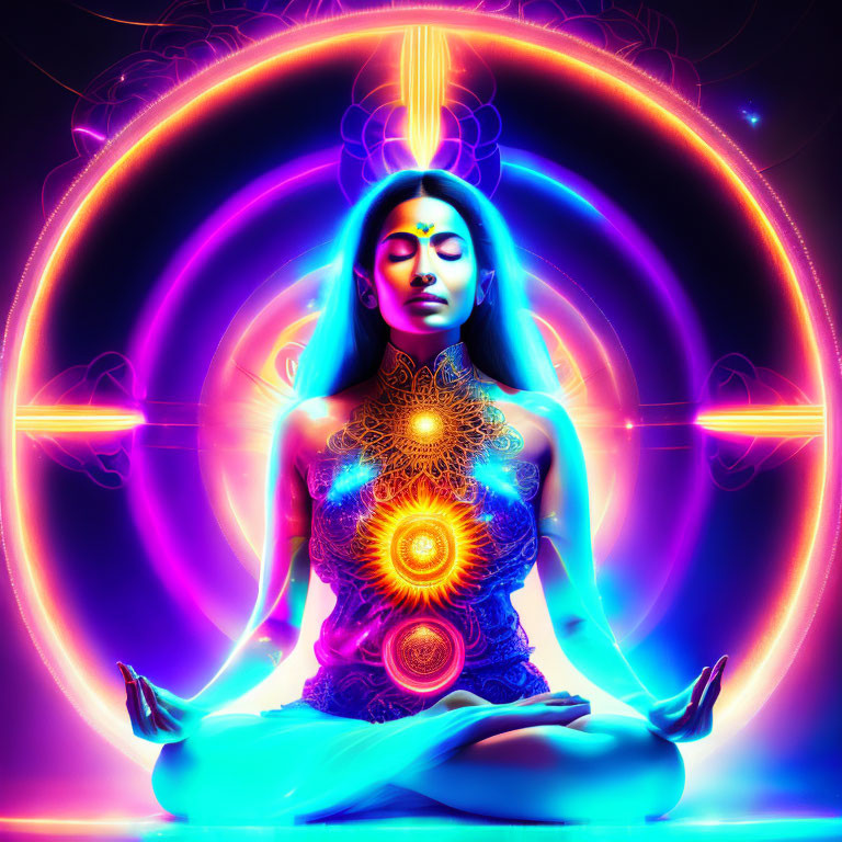 Digital Art: Woman Meditating with Neon Chakras and Mandala Patterns