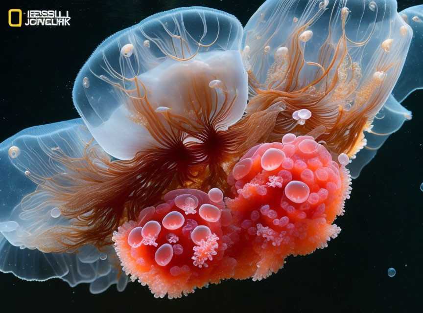 Vibrant jellyfish with translucent tentacles and detailed bell structures.