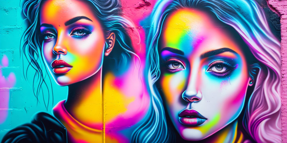 Colorful Neon Paint Strokes Depicting Women's Faces on Street Art