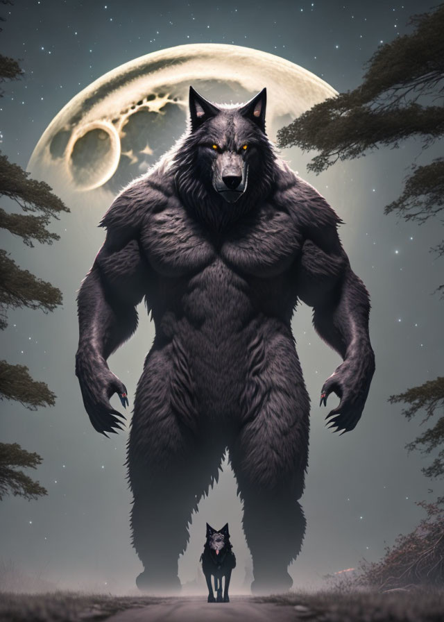 Giant werewolf with red eyes under crescent moon with smaller wolf