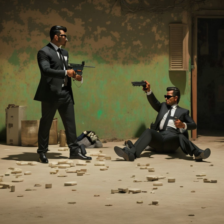 Men in suits with guns among scattered bricks in abandoned setting