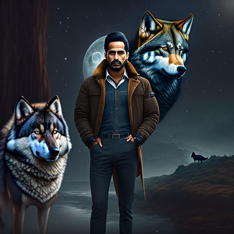 Man standing with wolves under the moon symbolizing strength and nature.