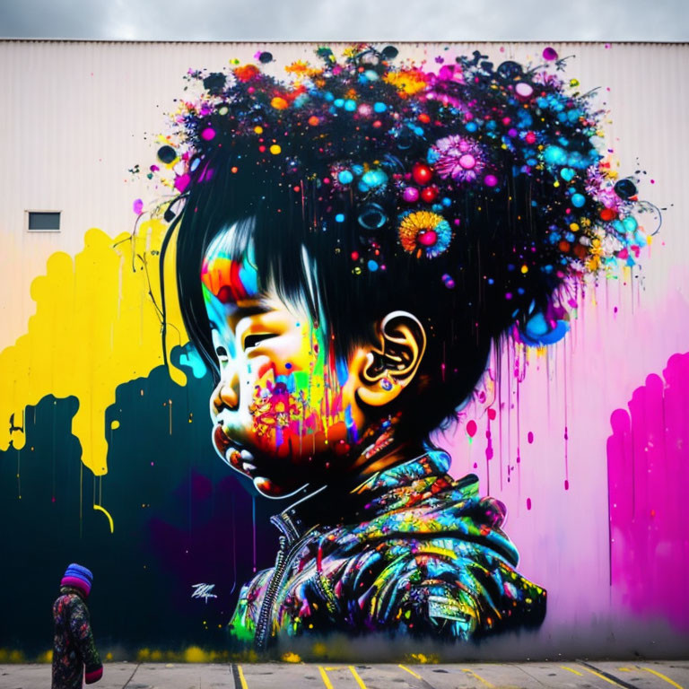 Colorful cosmic-themed street mural with child and passerby.