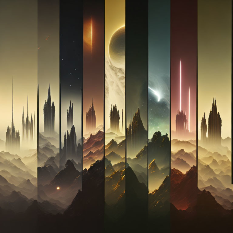 Sci-Fi Vertical Panel Collage of Towering Spires and Celestial Landscapes