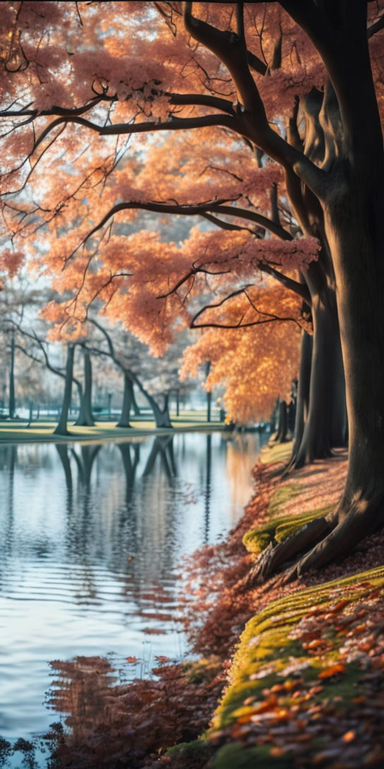 Autumn trees by calm lake with person enjoying view