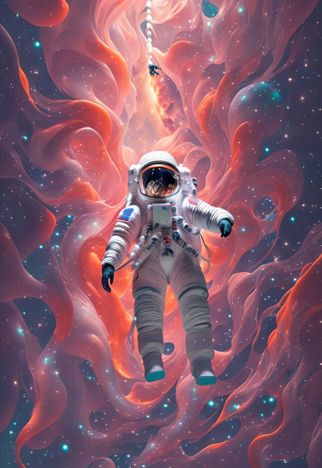 Astronaut in vibrant cosmic scene with red nebulae and ethereal spiral