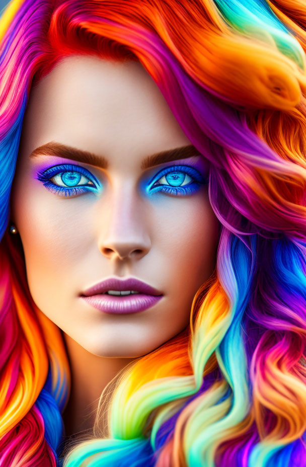 Vibrant rainbow hair woman with striking blue eyes and colorful makeup