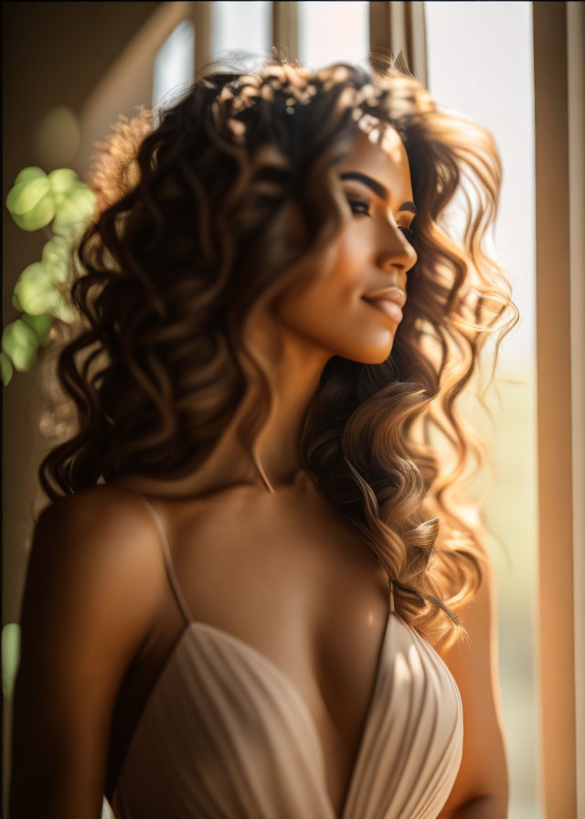 Curly-haired woman looking out window in sunlight