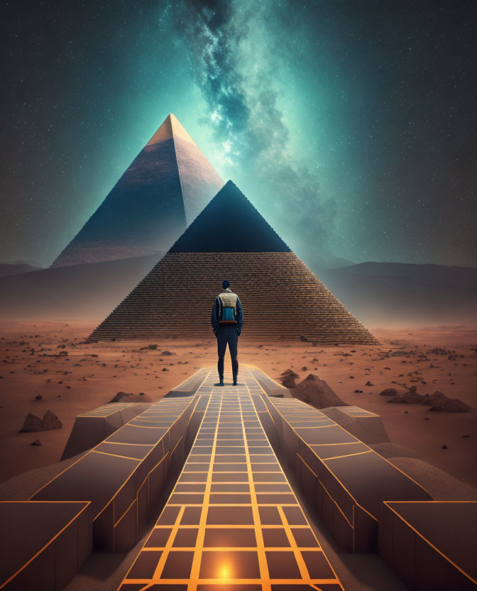 Person standing before glowing path to illuminated pyramid under starry sky