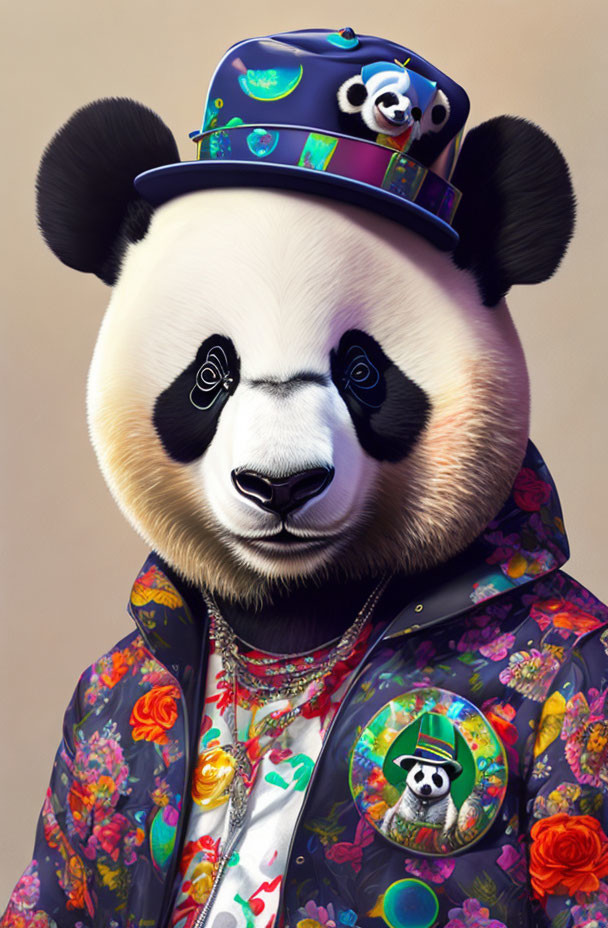 Stylized panda with human-like features in floral jacket and space-themed cap