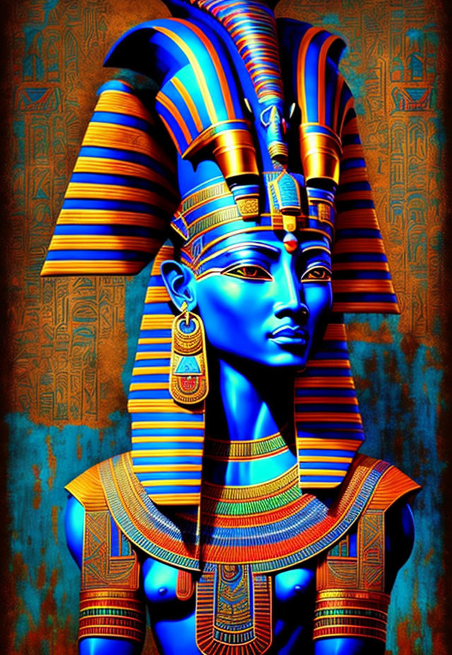 Colorful Pharaoh Portrait with Egyptian Headdress & Hieroglyphic Background