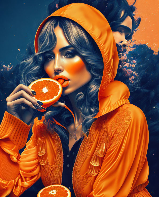 Vivid Woman in Orange Hoodie with Slice of Orange and Floral Backdrop