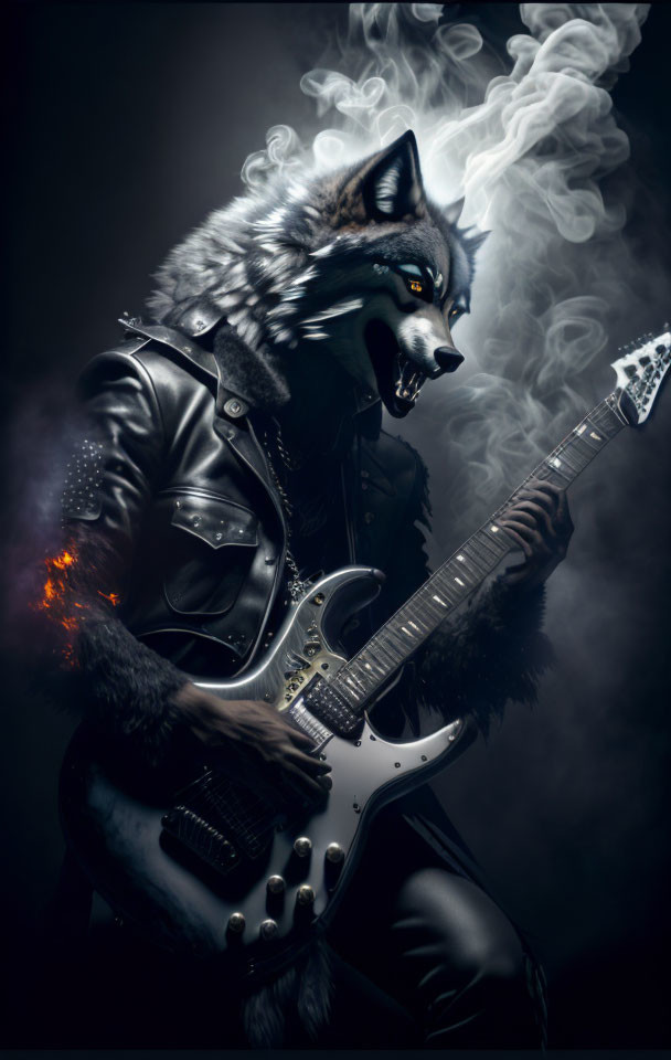 Anthropomorphic wolf in leather jacket plays electric guitar in smoky scene