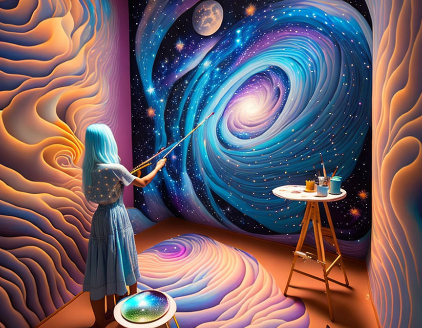 Artist painting cosmic swirl on canvas in patterned room