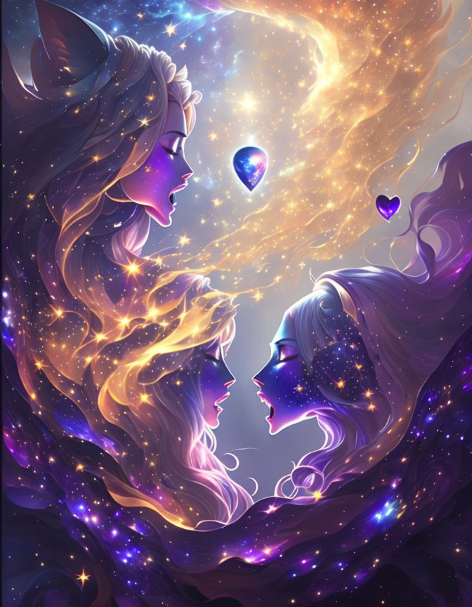 Ethereal figures with starry hair in cosmic setting