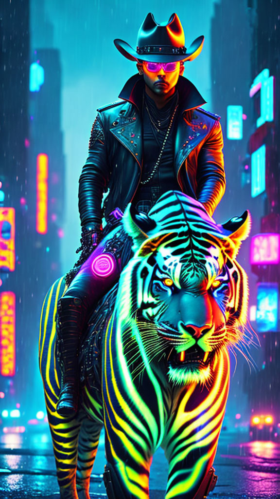 Futuristic cowboy in neon outfit on neon-striped tiger in vibrant city