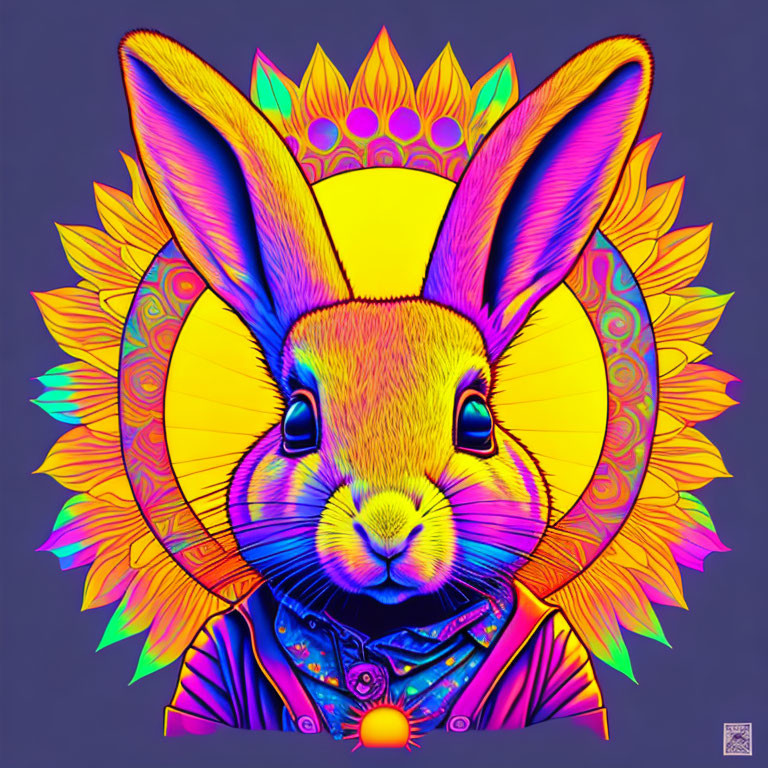 Colorful rabbit illustration with crown and psychedelic sunflower background