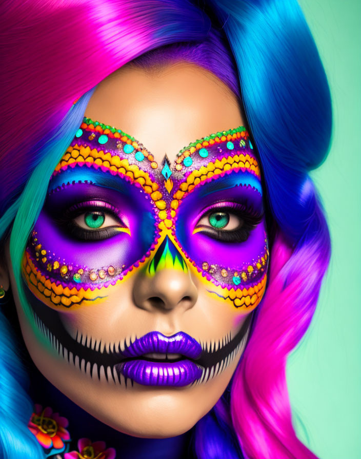 Colorful Dia de los Muertos-inspired portrait with skull makeup and rainbow wig