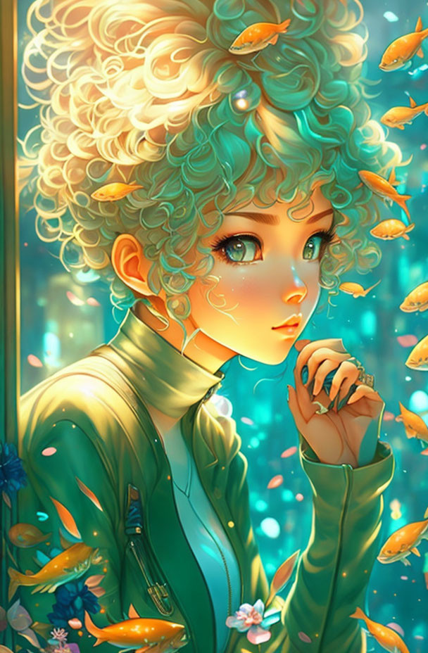 Illustration of person with curly hair among golden fish in warm underwater light