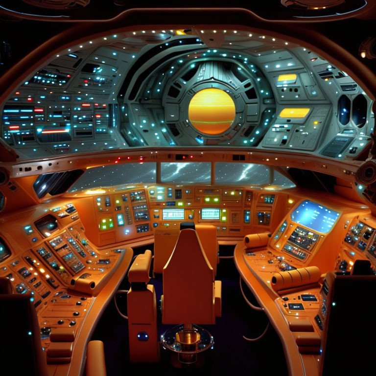 Futuristic spacecraft cockpit with illuminated control panels and space view