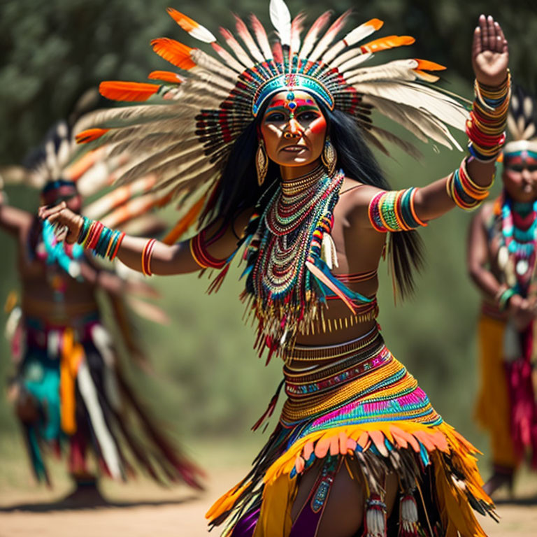 Vibrant Native American headdress and costume dancer outdoors