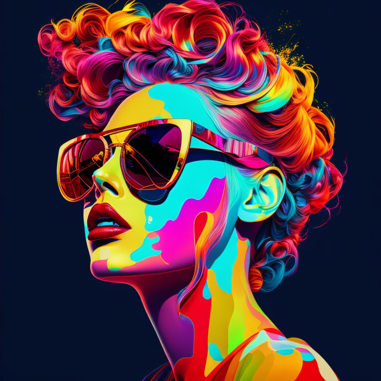 Colorful digital artwork of a woman with multicolored hair and paint drips, wearing sunglasses on