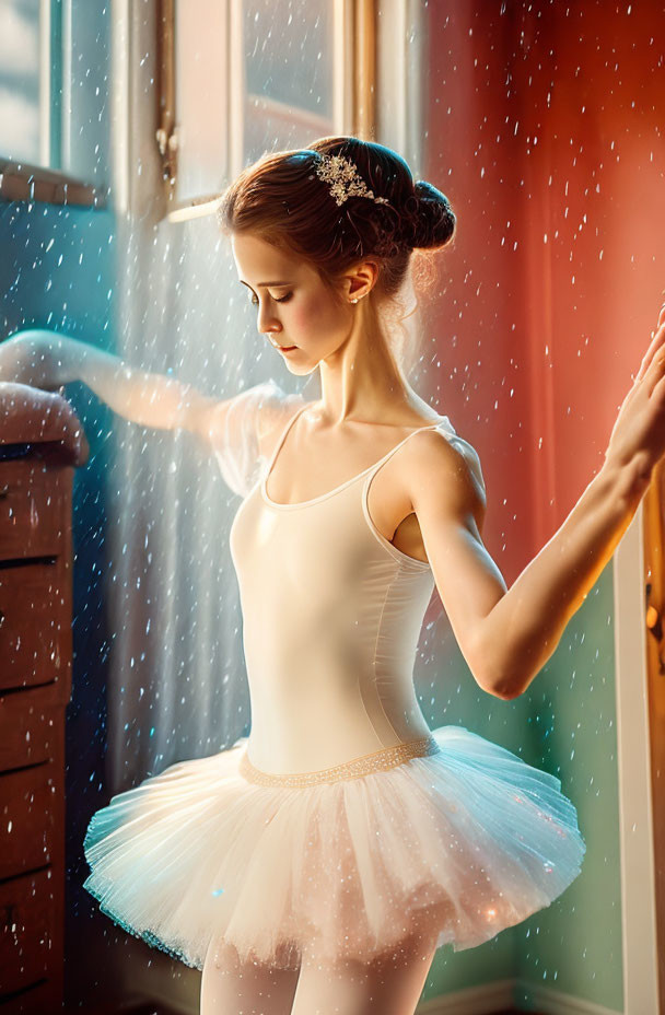 Ballet dancer in white tutu poses by window in warm sunlight