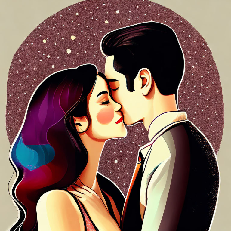 Vibrant couple kissing with flowing hair and starry backdrop