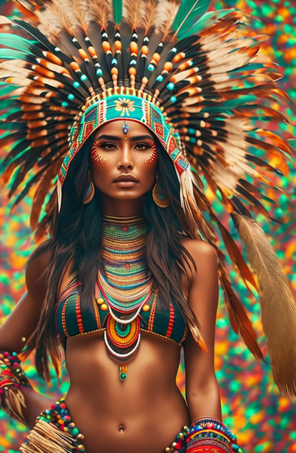 Colorful Native American headdress with intricate beadwork and feathers against vibrant backdrop