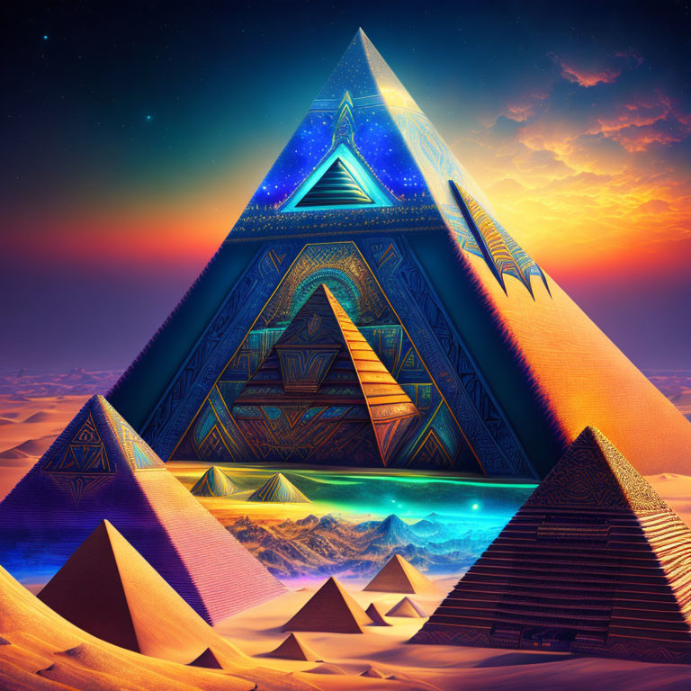 Digital artwork: Pyramids under sunset sky with futuristic pyramid and glowing blue core