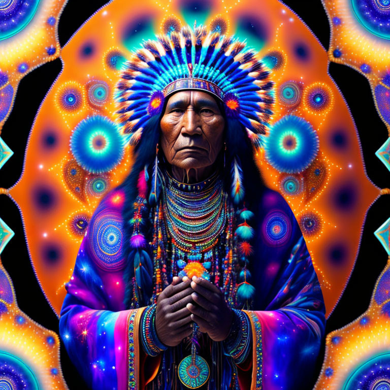 Traditional Native American attire with feather headdress and vibrant psychedelic patterns.