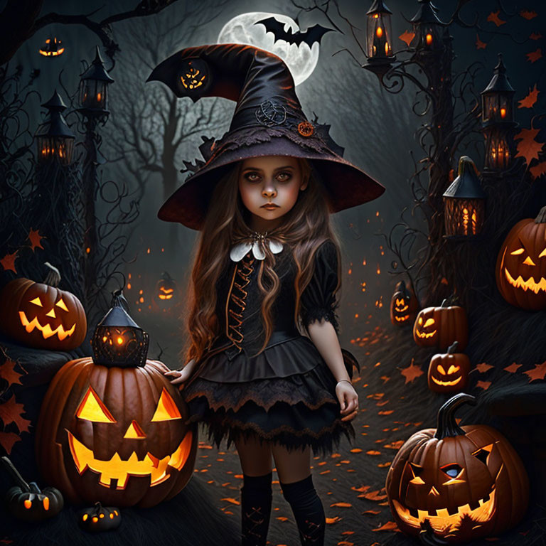 Young girl in witch costume among pumpkins in Halloween forest.