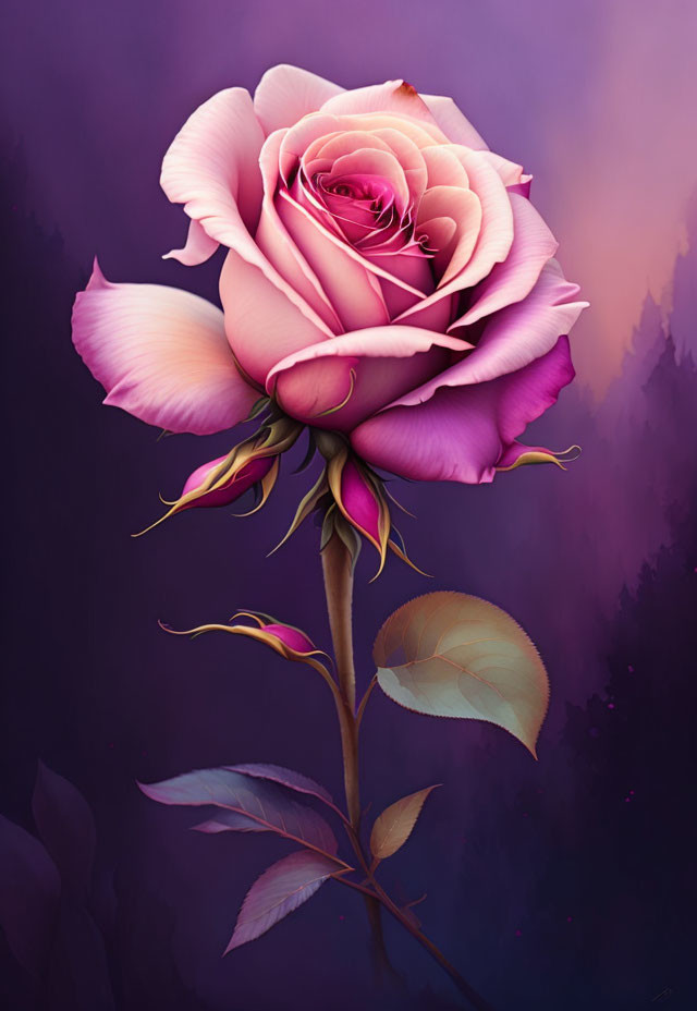 Detailed Large Pink and Purple Rose Illustration on Soft Purple Background